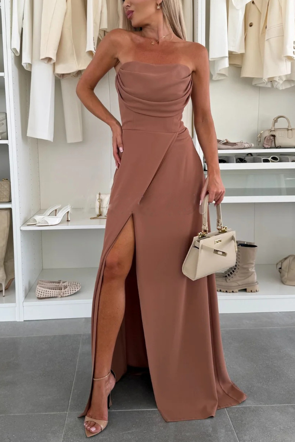 Stylish Sleeveless Off-shoulder Elegant Back Tie-up Slit Maxi Dress