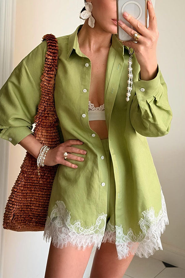 Linen Blend Shirt and Lace-trimmed Shorts Set-Consonak