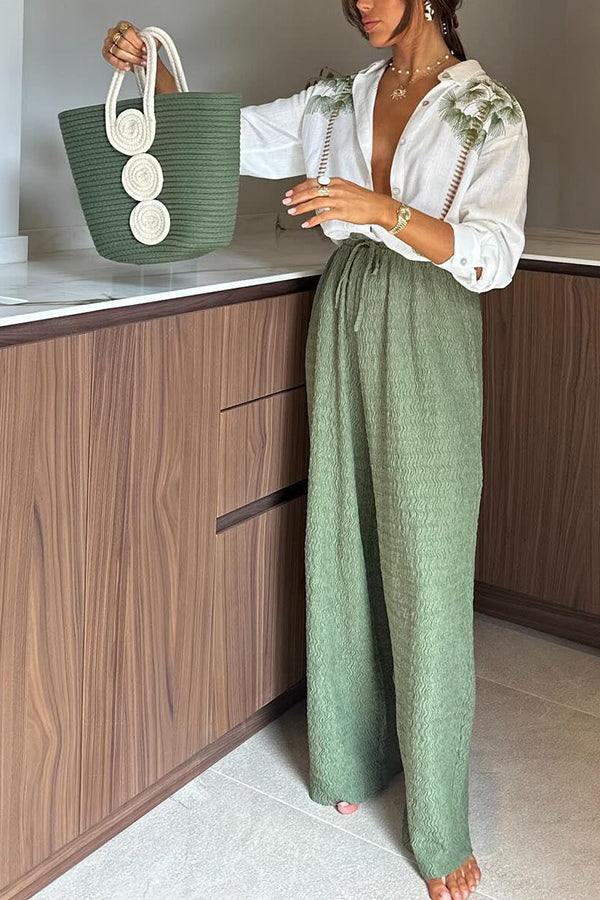 Tropical Calling Linen Blend Unique Print Loose Blouse and  Elastic Waist Pocket Pants Set-Consonak