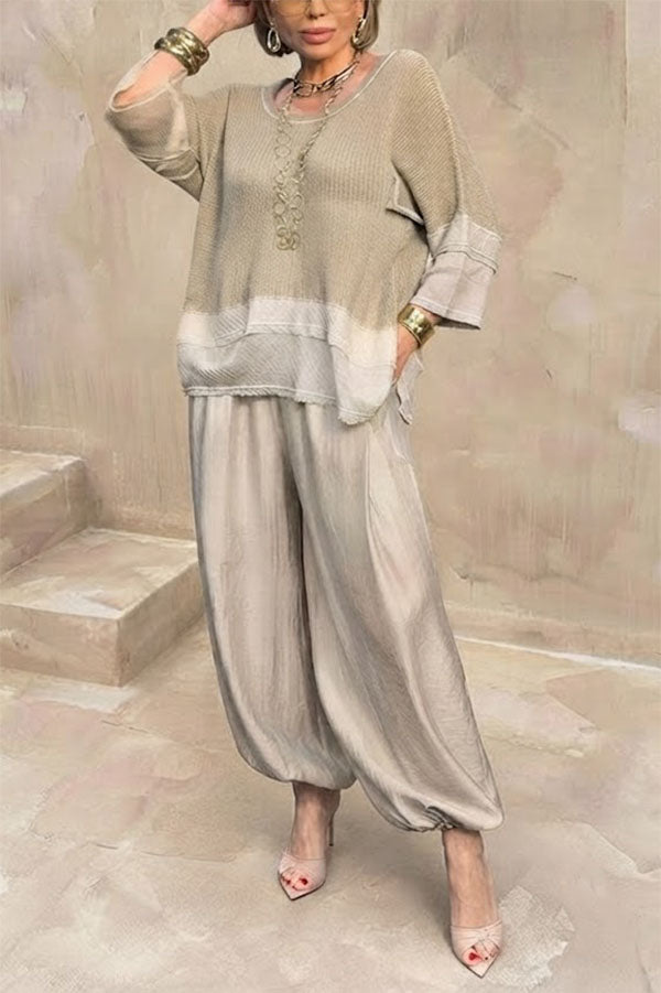 Lucy Knit Cutout Layered Design Half Sleeve Top and Satin Elastic Waist Pocketed Lantern Pants Set-Consonak