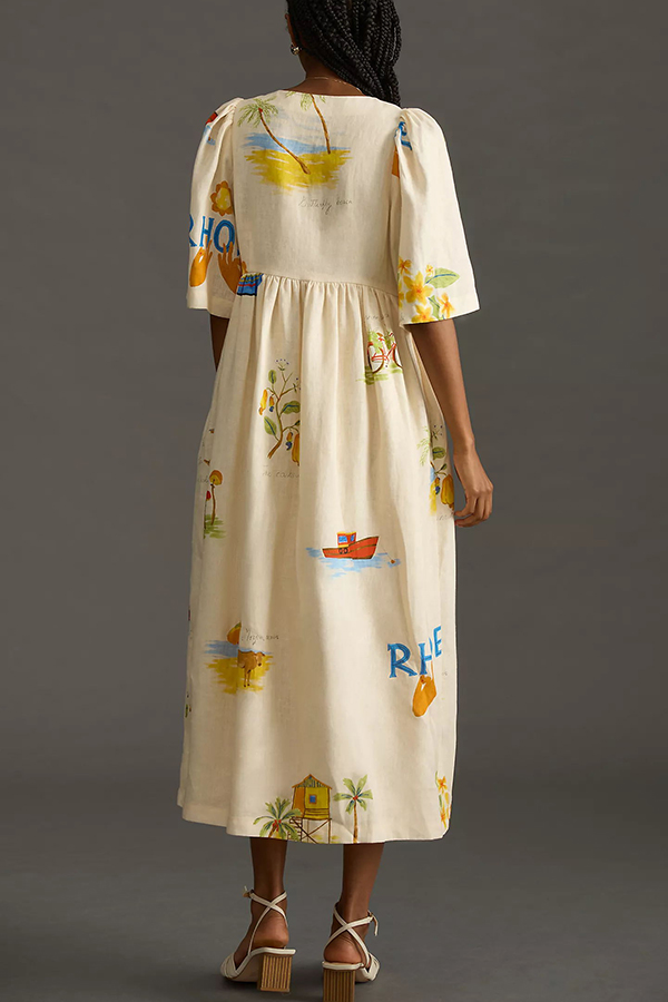 Cozy Summer Linen Blend Unique Print Button Puff Sleeve Loose Midi Dress | Consonak