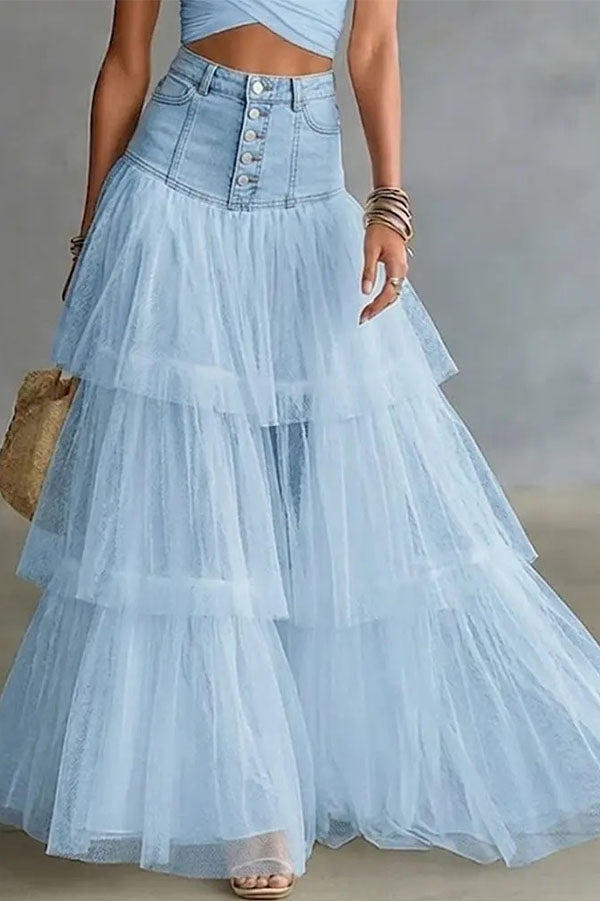 Y2K Fairycore Denim Corset Waist Tulle Maxi Skirt-Consonak