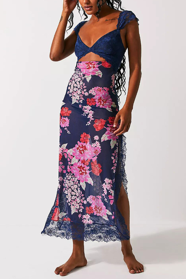 Floral Print Lace Patchwork Hollow-out Slim-fit Midi Dress-consonak