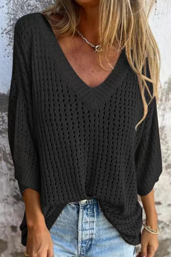 Fashionable Hollow V-neck Long-sleeved Casual Loose Knitted Top-consonak