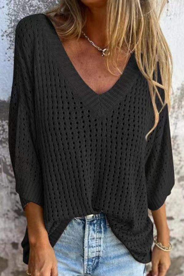 Fashionable Hollow V-neck Long-sleeved Casual Loose Knitted Top-consonak