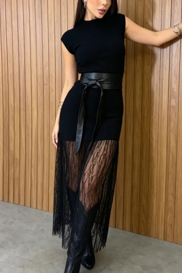 Stylish Sleeveless Spliced ​​lace Hem Elegant Slim-fit Maxi Dress