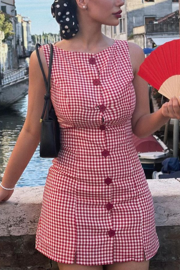 Retro Plaid Print Sleeveless Round Neck Button Casual Mini Dress | Consonak