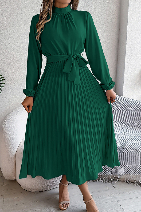 Elegant Stand-collar Long-sleeve Waisted Tie-up Pleated Midi Dress-consonak