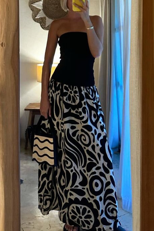Gina Contrast Color Unique Print Strapless Stretch Maxi Dress-consonak