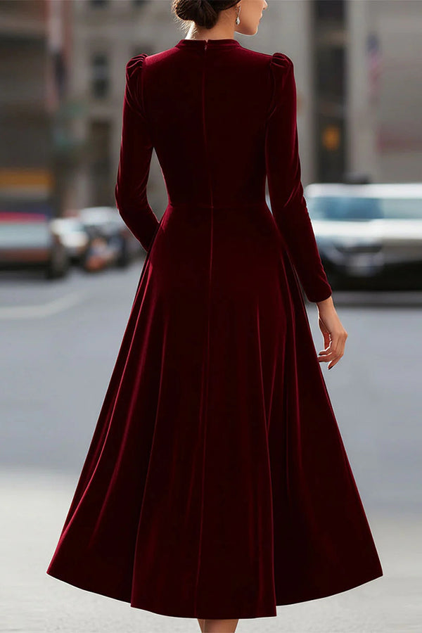 Solid Color Velvet Round Neck Long Sleeve Elegant Maxi Dress-consonak