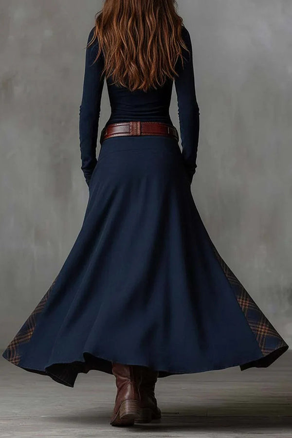 Retro-style Patchwork Single-breasted Long-sleeved Casual Pocket Maxi Dress | Consonak