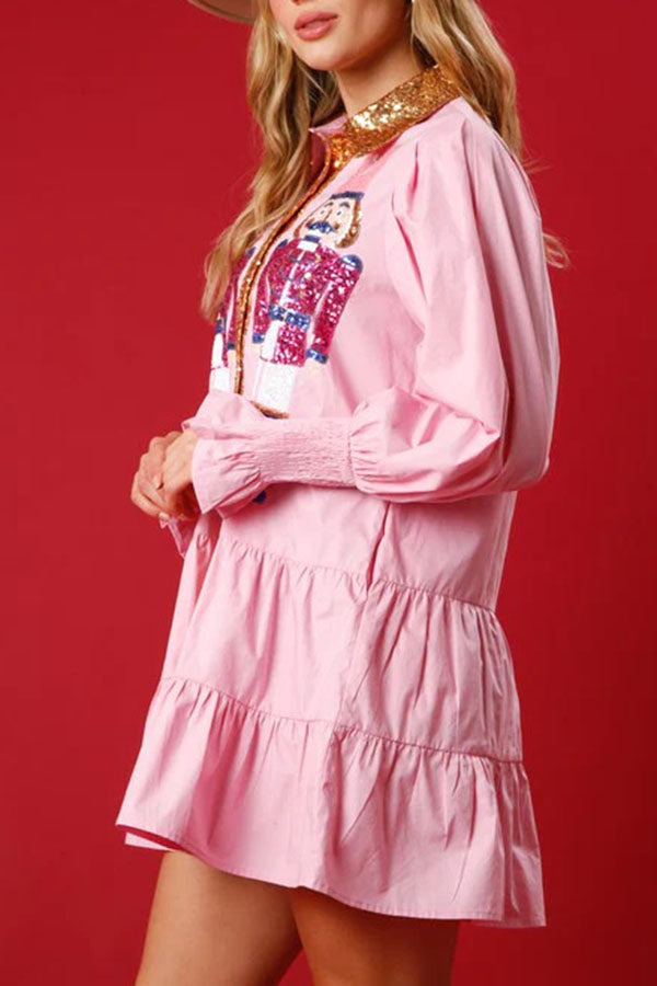 Nutcracker Sequined Button Down Long Sleeve Mini Dress-consonak