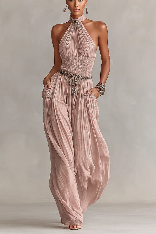 Bohemian Halter Neck Wide-Leg Jumpsuit-Consonak