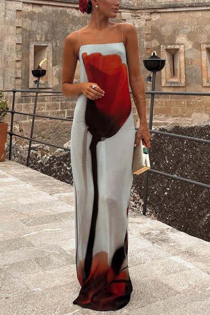 Passionate wine glass flower abstract tulip print H-shaped casual long dress-consonak