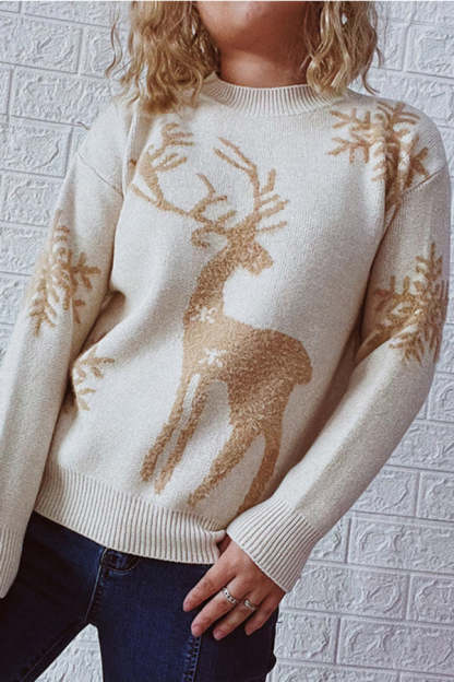 Christmas Pattern Knitted Crew Neck Long Sleeved Sweater-consonak