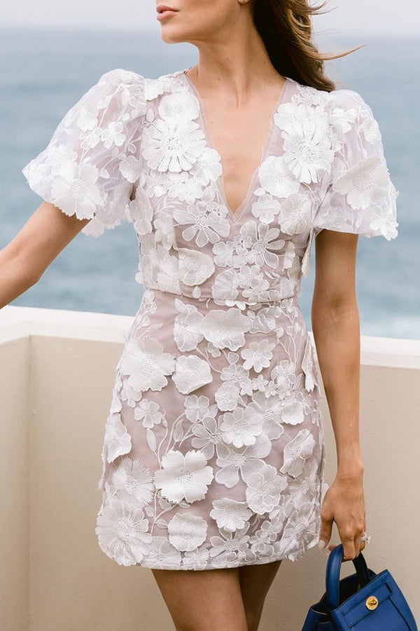 Garden Gala Embroidered Floral Applique Puff Sleeve Mini Dress | Consonak