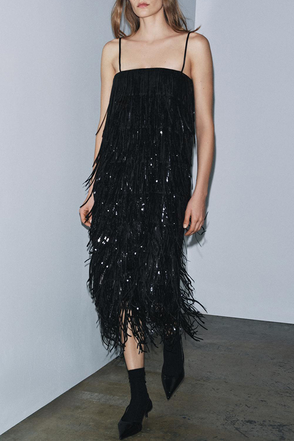Chic Celebration Layered Sequined Tassels Slip Strapless H-line Midi Dress-consonak