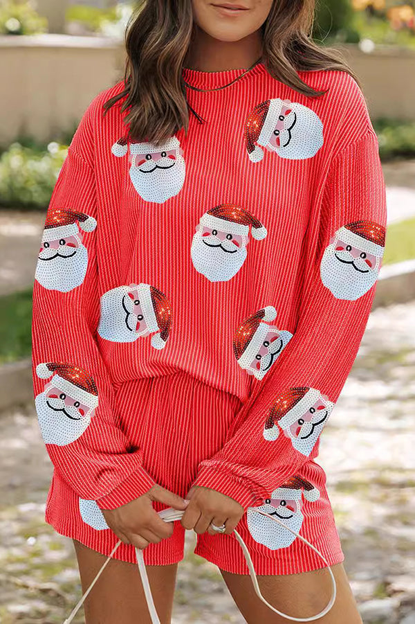 Christmas Sequined Loose Long-sleeved Top and Elastic Waist Casual Shorts Set-consonak