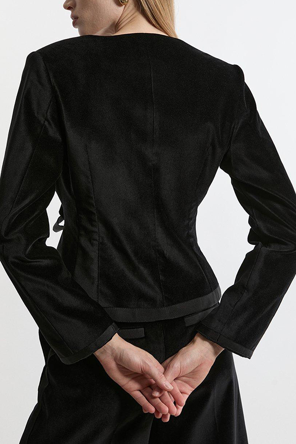 Cue The Cocktails Velvet Tailored Taffeta Bow Detail Peplum Jacket-consonak