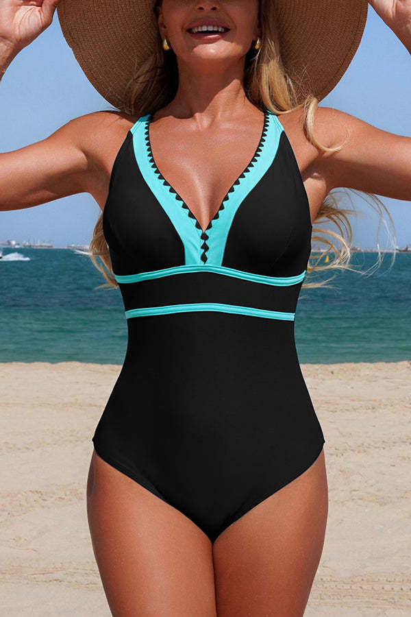 Stylish Color-blocked V-neck Stretch One-piece Swimsuit-consonak