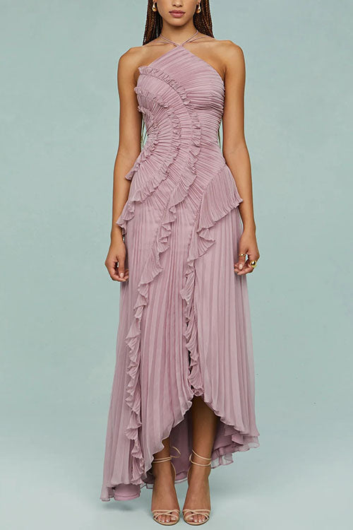 Strappy Halter Neck Ruffle Trim Asymmetric Hem Pleated Maxi Dress | Consonak