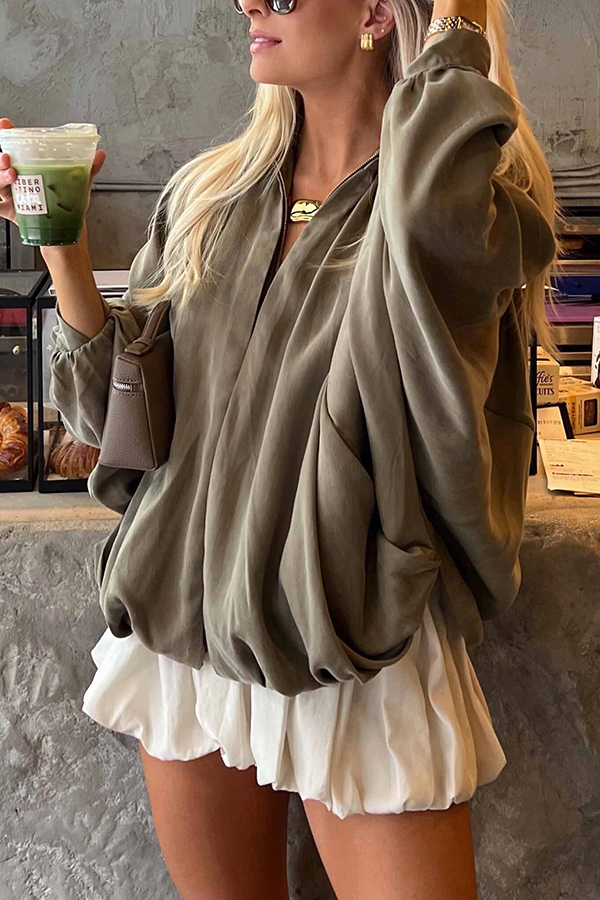 Fashion Lapel Loose Puff Long Sleeve Casual Zipper Jacket-consonak