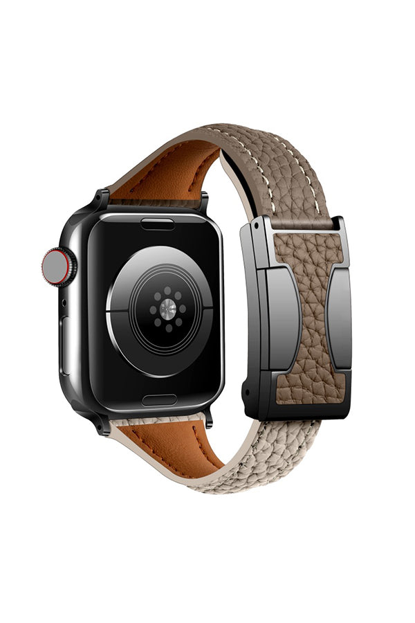 Fashionable Genuine Leather Lychee Pattern Double C Magnetic Buckle Watch Strap-consonak