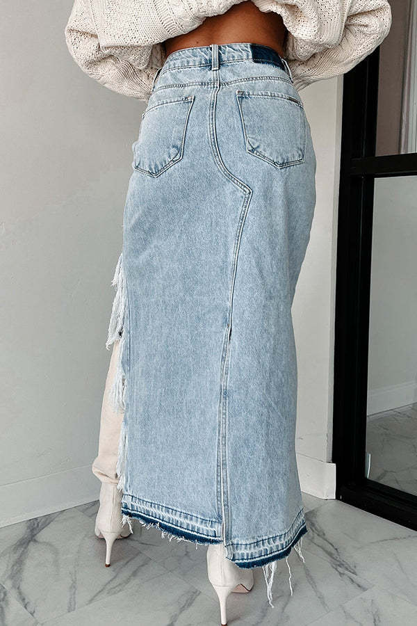 Darla Cutting Ties Heavily Distressed Denim Maxi Skirt-consonak