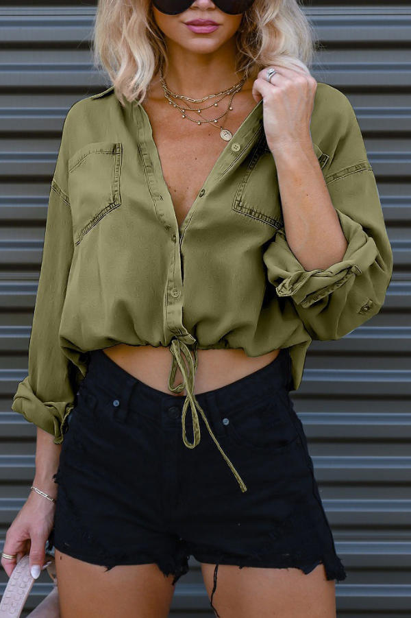 Stylish Lapel Long-sleeved Pocket Button Casual Denim Shirt