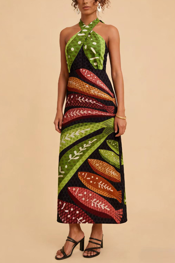 Multi-colored Fish Print Halter Neck Backless Printed Fitted Vacation Maxi Dress