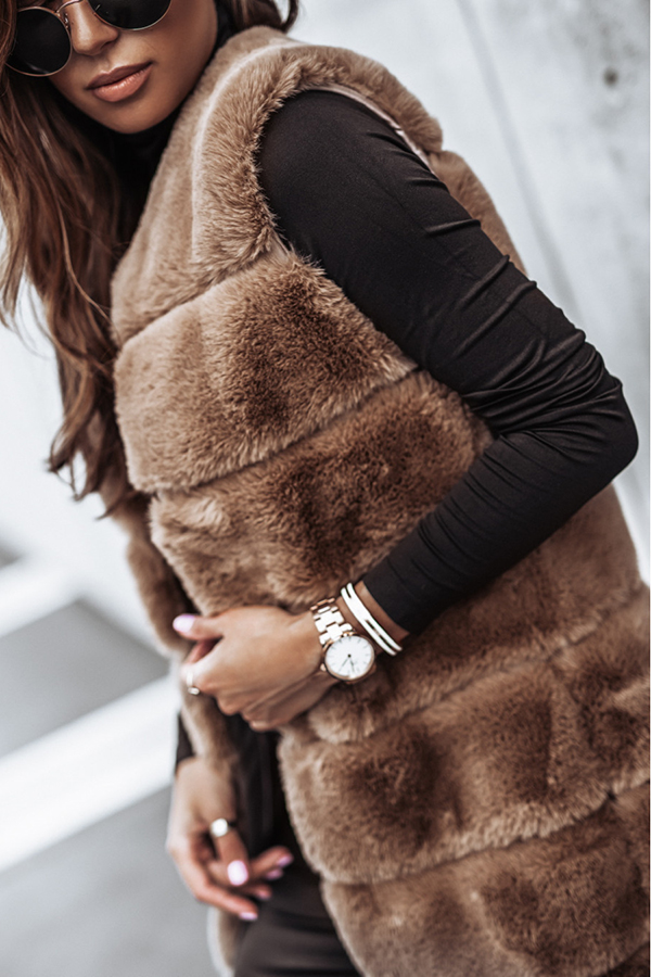 Solid Color Fur Round Neck Sleeveless Midi Vest Jacket-consonak
