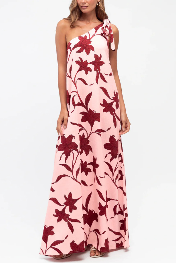 Botanical Print Sleeveless One-shoulder Tie-up Casual Vacation Maxi Dress-consonak