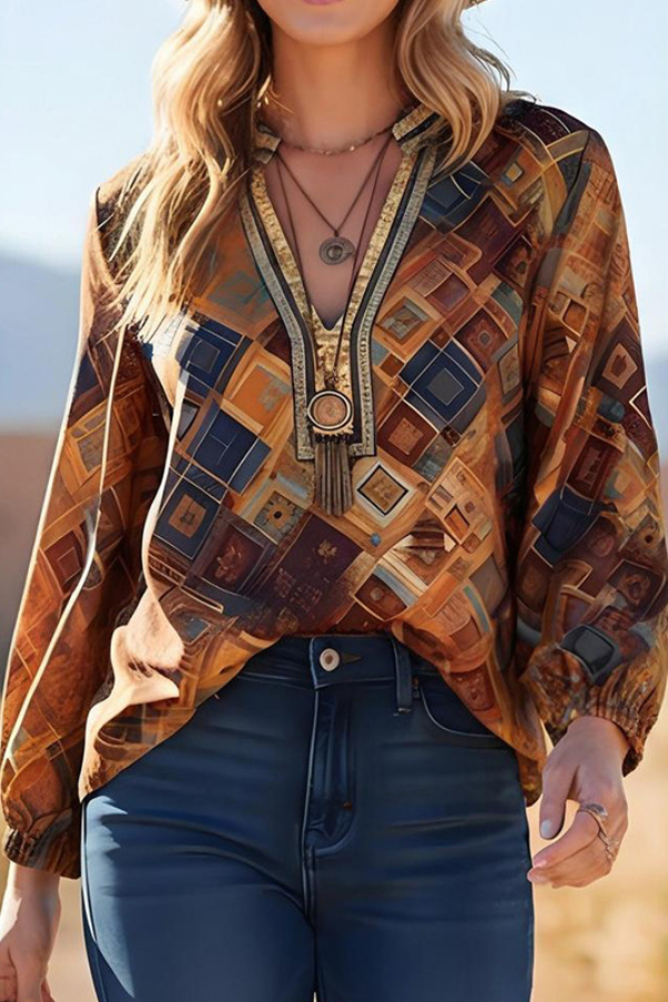 Bohemian-style Unique Print V-neck Long-sleeved Loose Top-consonak