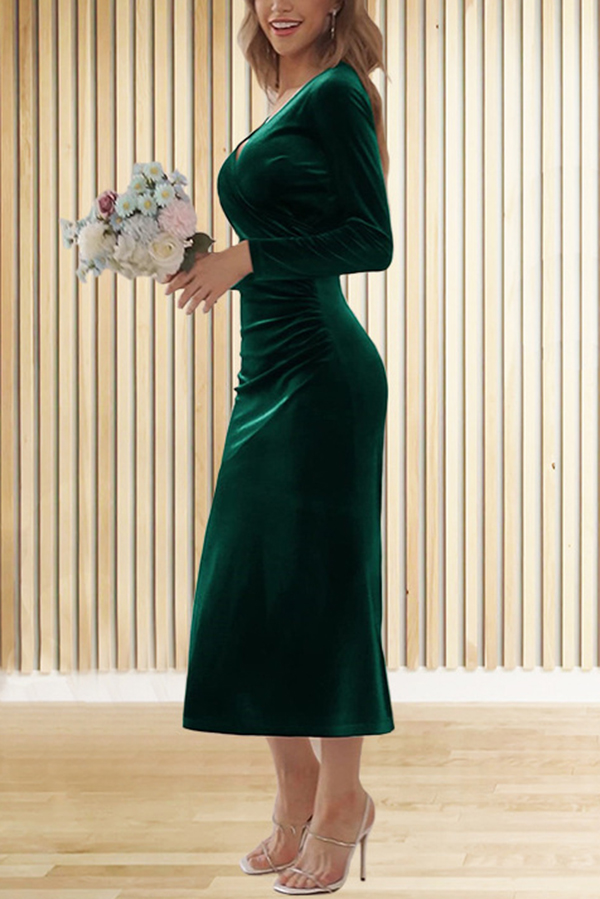 Solid Color Velvet Long Sleeve V-neck Slim Fit Fishtail Maxi Dress | Consonak