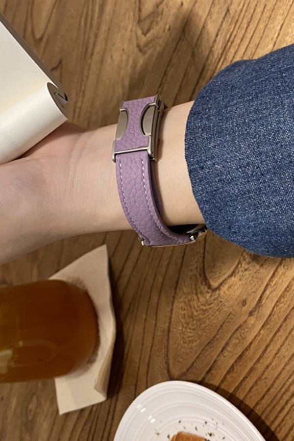 Fashionable Genuine Leather Lychee Pattern Double C Magnetic Buckle Watch Strap-consonak