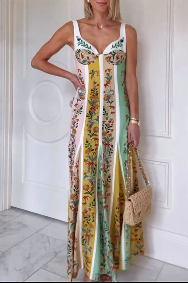 Sweet Garden Linen Blend Color Block Floral Paneled Maxi Dress-consonak