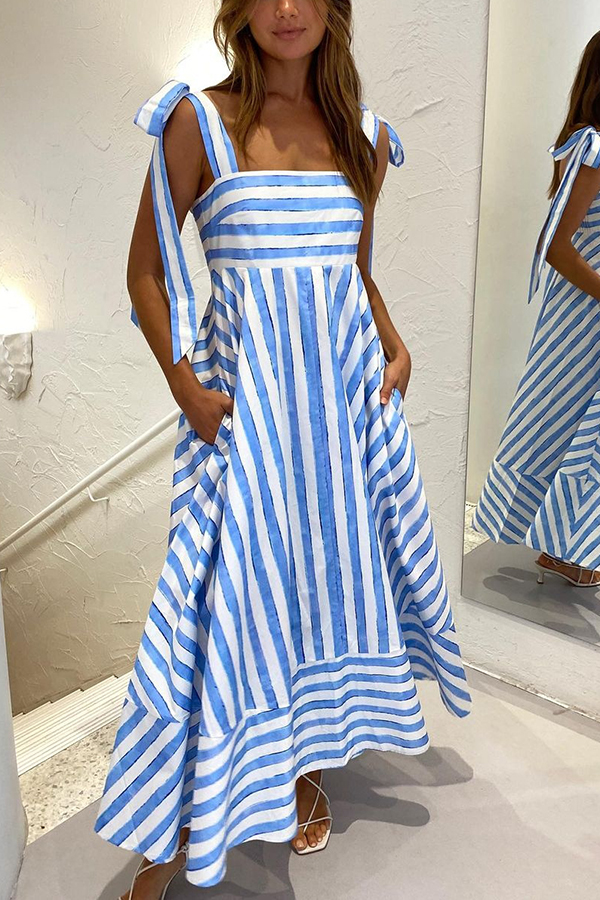 Treasured Times Stripe Print Tie-up Shoulder Pocketed A-line Maxi Dress-consonak