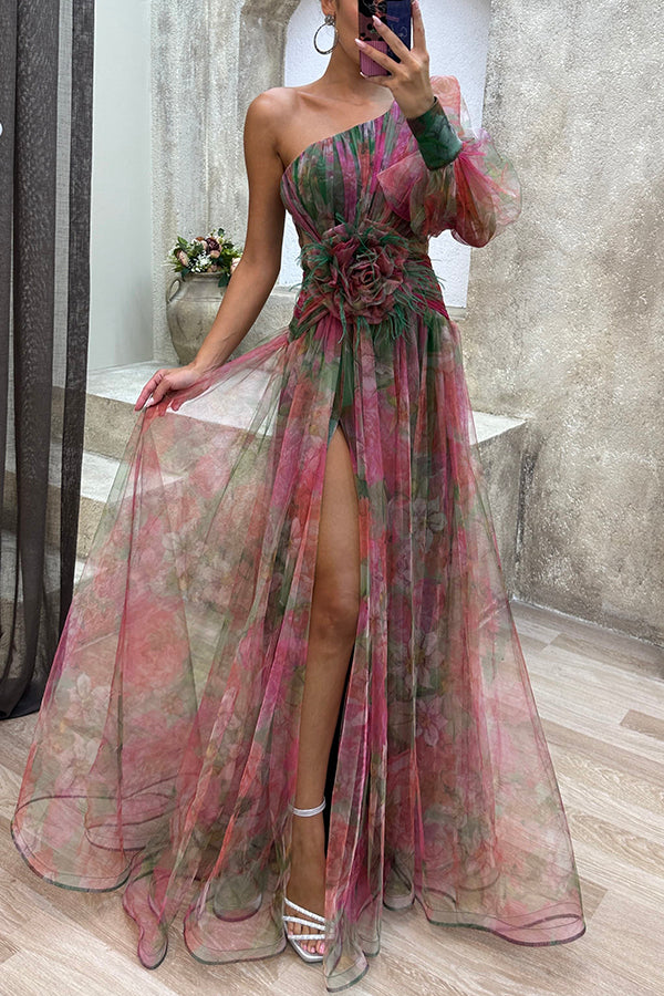 Elegant and beautiful chiffon floral pleated single shoulder sleeve slit long skirt for family-consonak