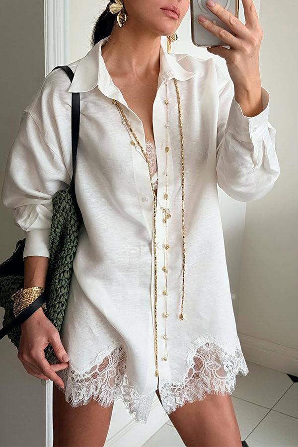 Linen Blend Shirt and Lace-trimmed Shorts Set-Consonak