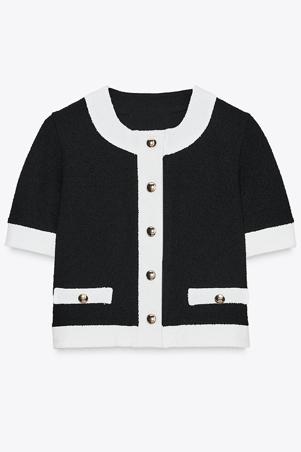 Fashionable Contrast Color Short-sleeved Button-down Top-consonak