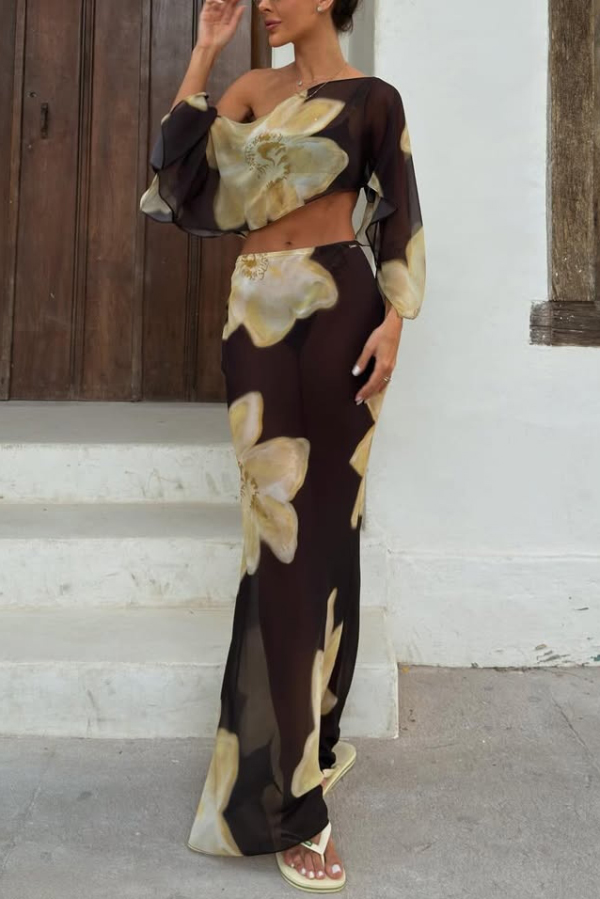 Floral Print Off-shoulder Long-sleeved Loose Top and Elegant Drawstring Maxi Skirt Set