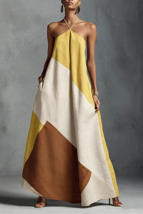 Tuscan Sun Geometric Patchwork Halter Dress-Consonak