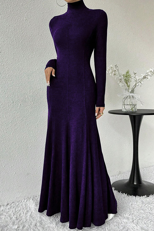 Solid Color High-neck Long-sleeved Slim-fit Fishtail Elegant Maxi Dress-consonak
