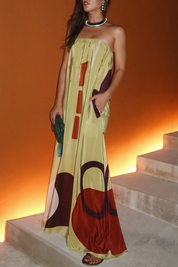 Miss Me Satin Unique Printed Off Shoulder Pocketed Loose Maxi Dress-consonak