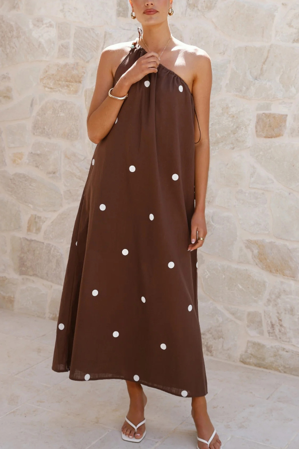 Polka Dot Print Sleeveless One-shoulder Tie-up Casual Vacation Maxi Dress-consonak