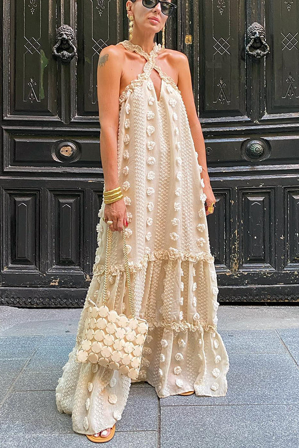 Sweet By The Sea Flower Decor Halter Party Maxi Dress-consonak