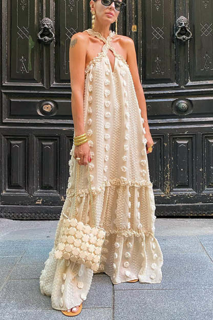 Sweet By The Sea Flower Decor Halter Party Maxi Dress-consonak