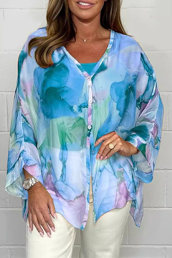 Unique Printed Long Sleeve V-neck Chiffon Loose Shirt-consonak