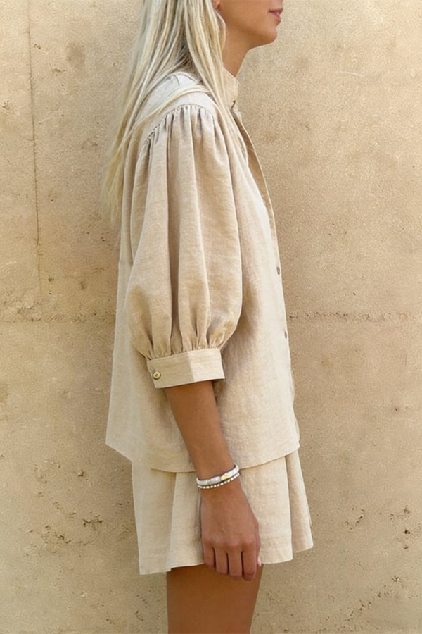 Linen Blend V-neck Puff Sleeve Shirt and Elastic Waist Loose Pocket Shorts Set-consonak