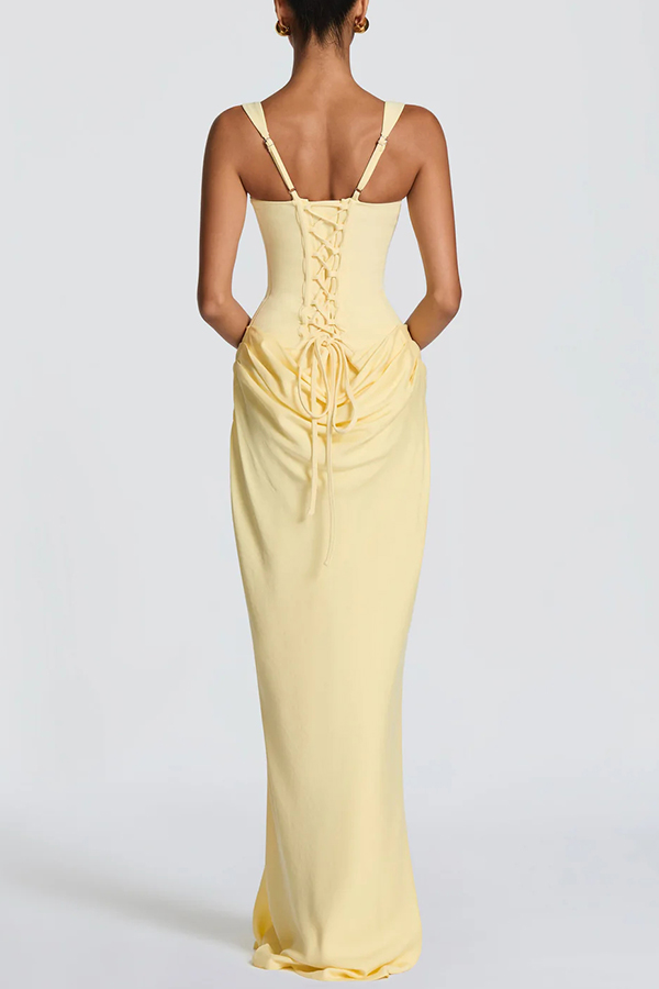 Larrah Square Neck Back Lace-up Satin Drape Hem Maxi Dress | Consonak